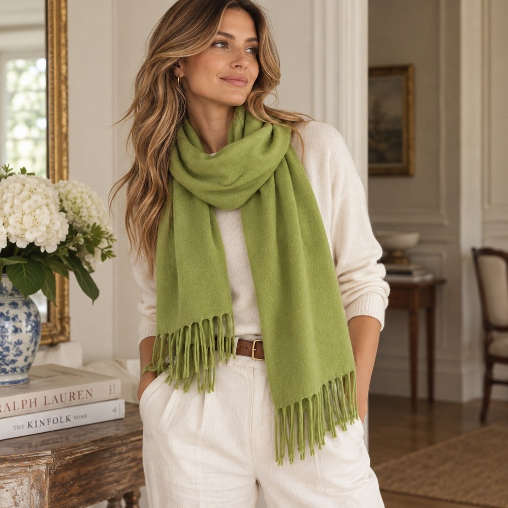 Italy Design Cashmere Blend Fringe Scarf Womens Green Apple Chartreuse Luxury